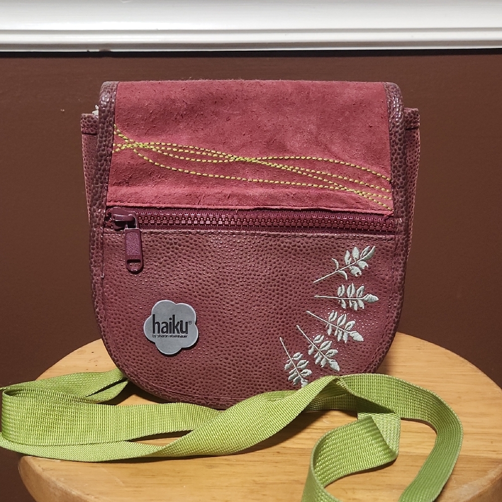 Haiku Maroon Crossbody Bag with Lime Strap